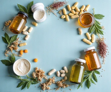 Natural vitamins and supplements collection with organic herbs and mineral elements