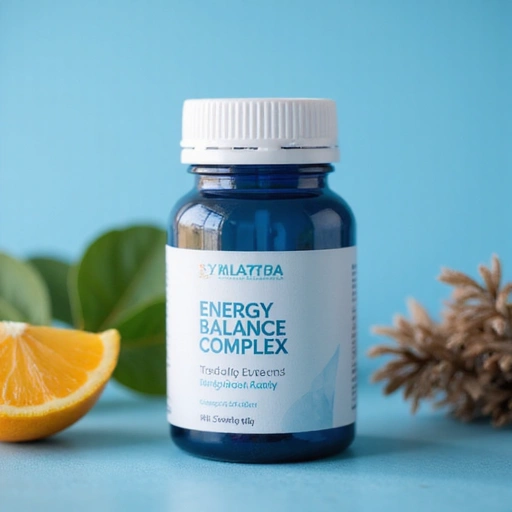 Energy Balance Complex supplement bottle with hyaluronic acid on soft blue background